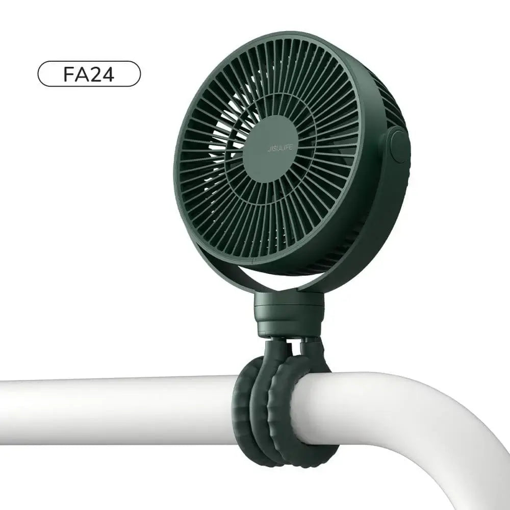 JisuLife Baby Fan Life1 mounted on a white railing, showcasing its flexible design and airflow features.