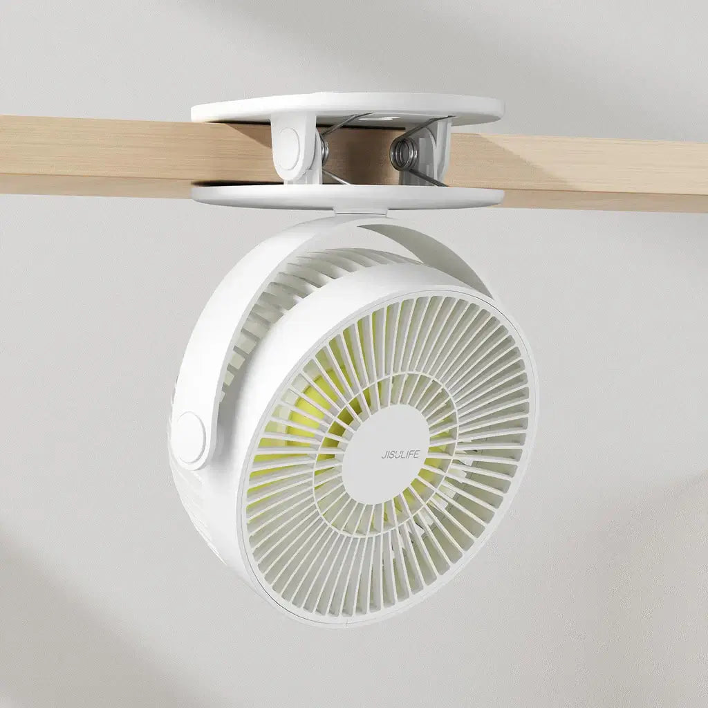 JisuLife Clip Fan Life1 clipped to a shelf, showcasing its 3-in-1 design for versatile cooling.