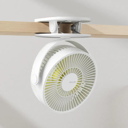 JisuLife Clip Fan Life1 clipped to a shelf, showcasing its 3-in-1 design for versatile cooling.