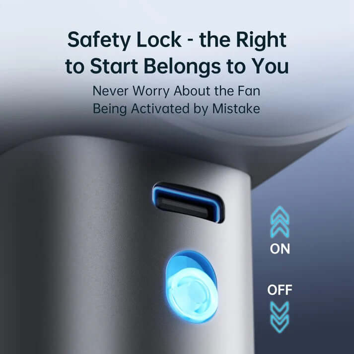 Close-up of JisuLife Handheld Fan Pro1S safety lock feature for added protection.
