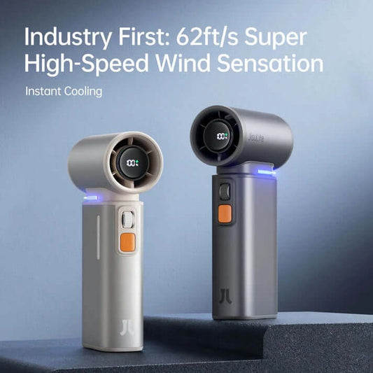 JisuLife Handheld Fan Ultra1 in dark grey and light brown with 62ft/s super high-speed wind sensation.