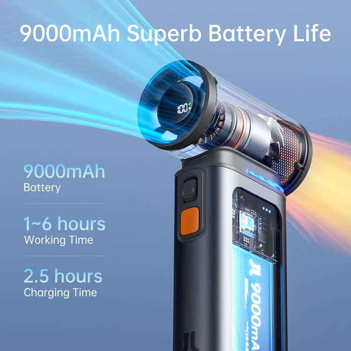 JisuLife Handheld Fan Ultra1 showcasing 9000mAh battery life and operation details for corporate gifts in Singapore.