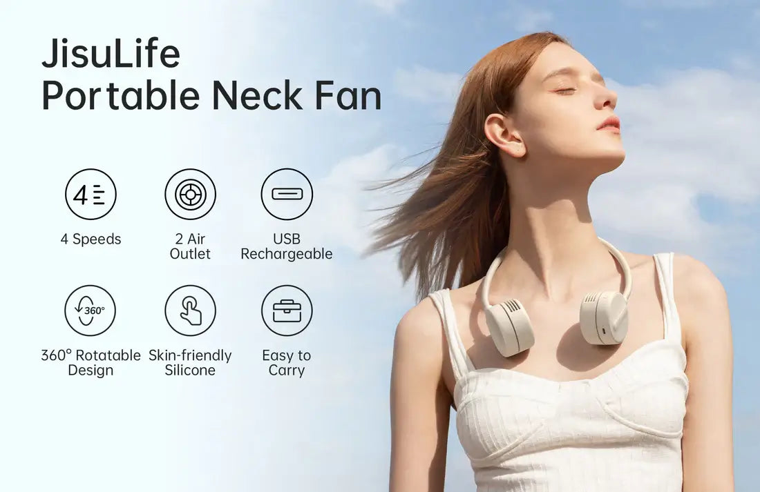 JisuLife Neck Fan Life1 features 4 speeds, 2 air outlets, USB rechargeable, 360° rotatable design for summer cooling.