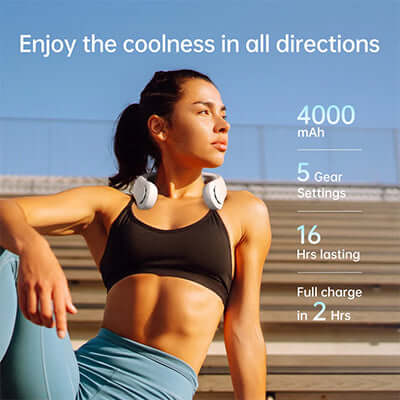 JisuLife Neck Fan Life4 features 4000mAh battery, 5 gear settings, and lasts 16 hours for year-round cool comfort.