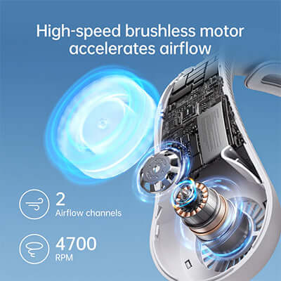 JisuLife Neck Fan Life4 features a high-speed brushless motor with 2 airflow channels and 4700 RPM for efficient cooling.
