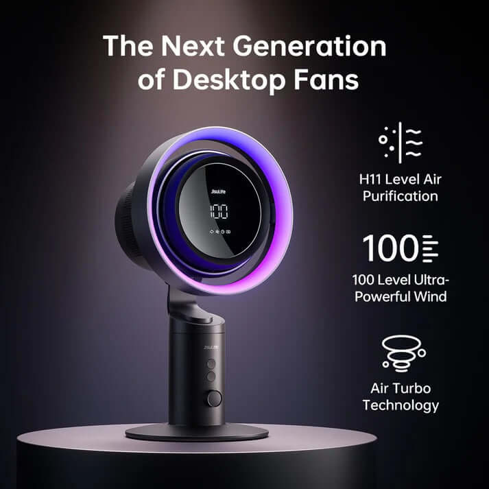 JisuLife Table Fan Pro3 showcasing H11 air purification and 100-level wind power for modern desktop use.