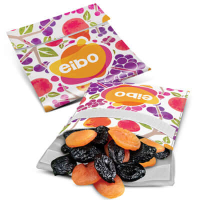 Karma Reusable Food Pouch showcasing dried fruits, eco-friendly and perfect for corporate gifts.