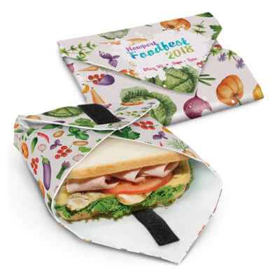 Karma Reusable Food Wrap featuring a sandwich with vibrant vegetable patterns, ideal as a corporate gift for eco-conscious consumers.