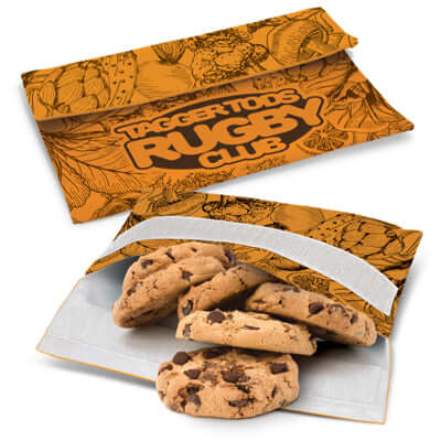 Karma Reusable Snack Pouch featuring cookies, promoting eco-friendly snacking and waste-free lunches.