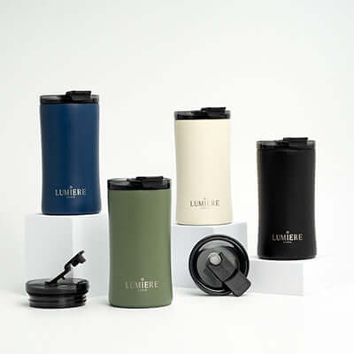Lumiere Lavish Ceramic Insulated Mug 12oz in various colors, perfect for corporate gifts.