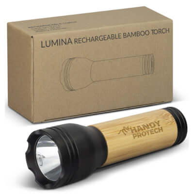Lumina Rechargeable Bamboo Torch with packaging, showcasing its stylish bamboo handle and powerful LED light.