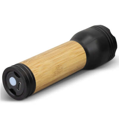 Lumina Rechargeable Bamboo Torch showcasing a bamboo handle and USB charging port, ideal for corporate gifts.