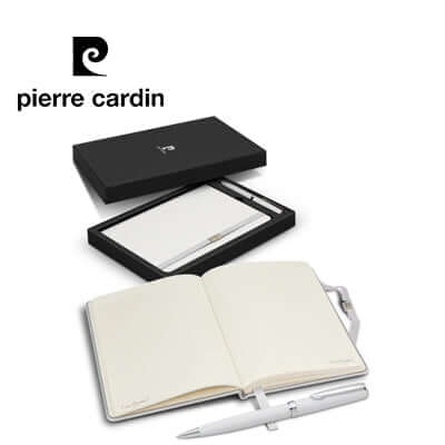 Pierre Cardin Nouvelle Notebook and Pen Gift Set displayed in a stylish black box with an open notebook and pen.