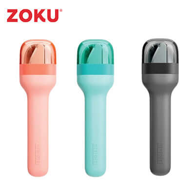 Zoku Pocket Utensil Set in three colors: pink, blue, and gray, perfect eco-friendly corporate gift for meals on the go.