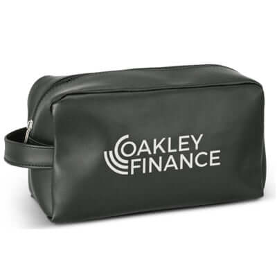 Portland Toiletry Bag in dark green with Oakley Finance logo, perfect corporate gift for organized travel.