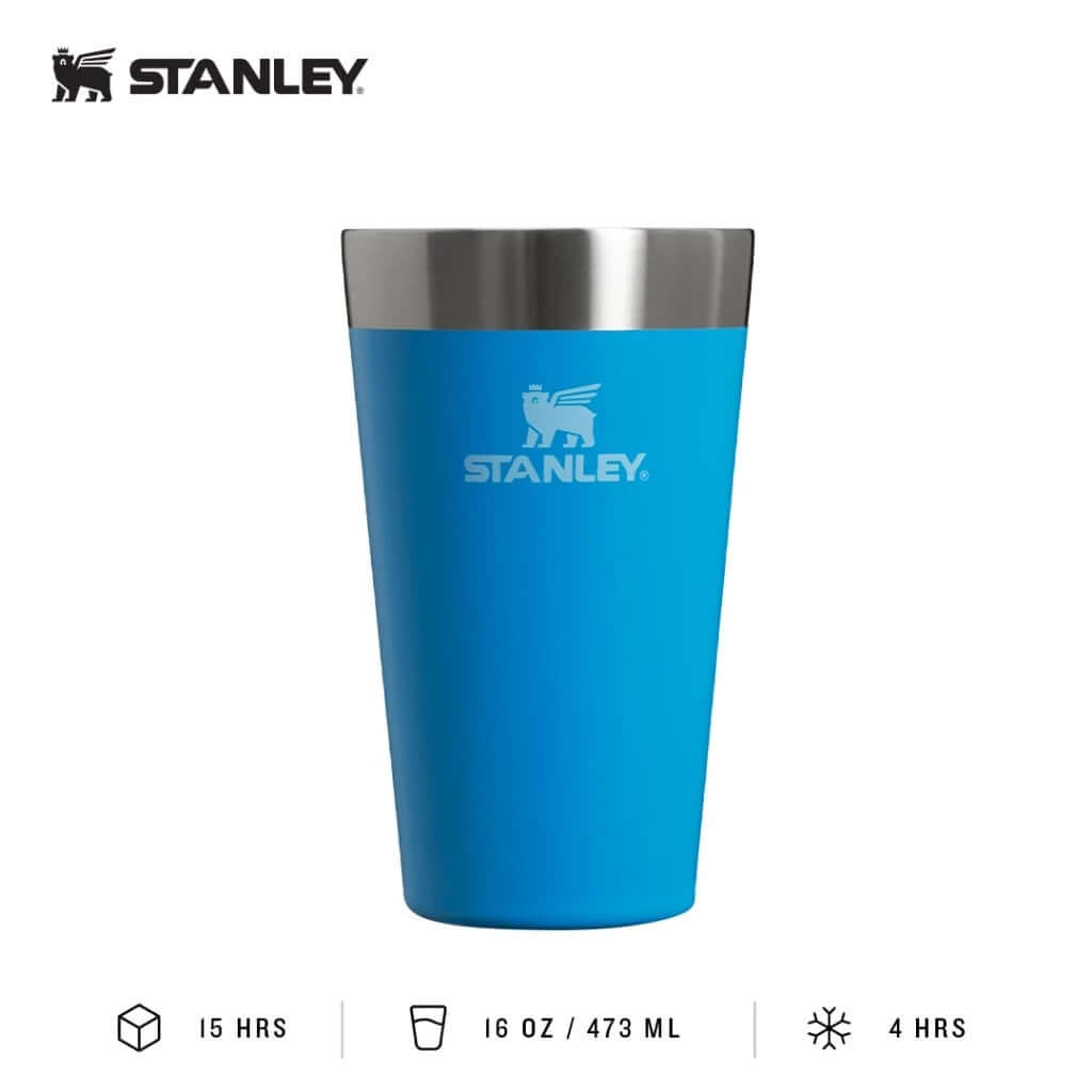 STANLEY Adventure Stacking Beer Pint 16oz in blue with stainless steel rim, perfect for outdoor use.