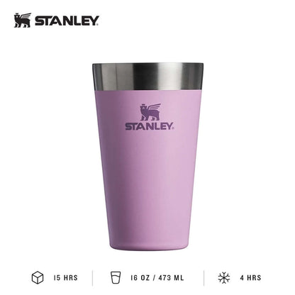 STANLEY Adventure Stacking Beer Pint 16oz in pink color with stainless steel rim, perfect for outdoor use.