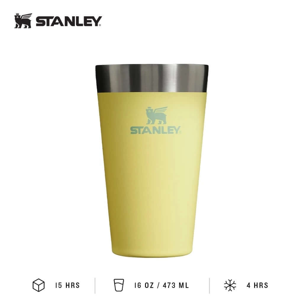 STANLEY Adventure Stacking Beer Pint 16oz in yellow with stainless steel rim, ideal for outdoor activities.