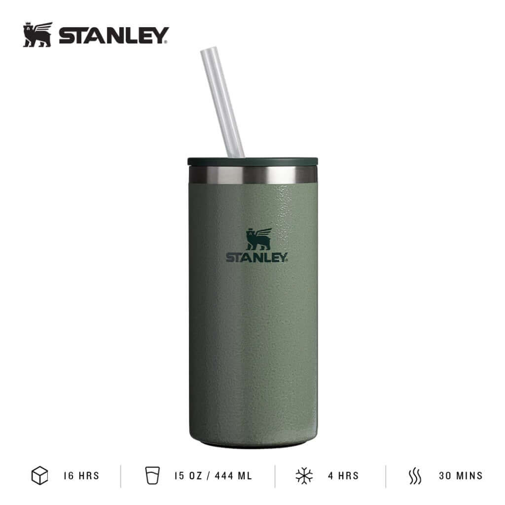 STANLEY Everyday Tall Can Cooler 15OZ in green with straw, ideal for beverages and corporate gift.