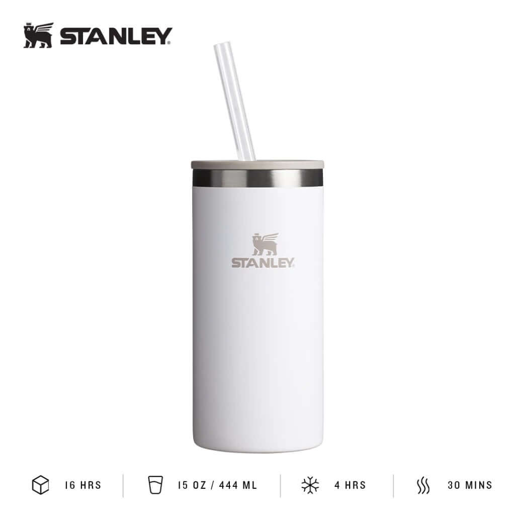 STANLEY Everyday Tall Can Cooler 15OZ with a straw, designed for beverage enjoyment and corporate gift giving.