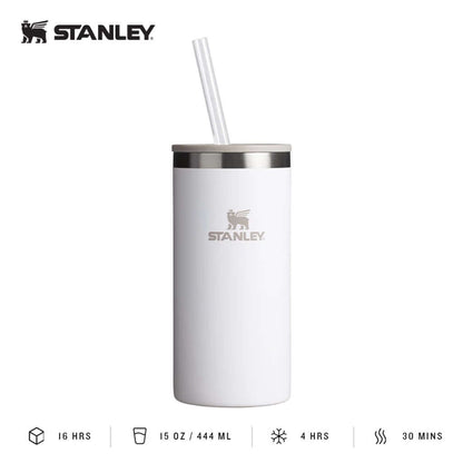 STANLEY Everyday Tall Can Cooler 15OZ with a straw, designed for beverage enjoyment and corporate gift giving.
