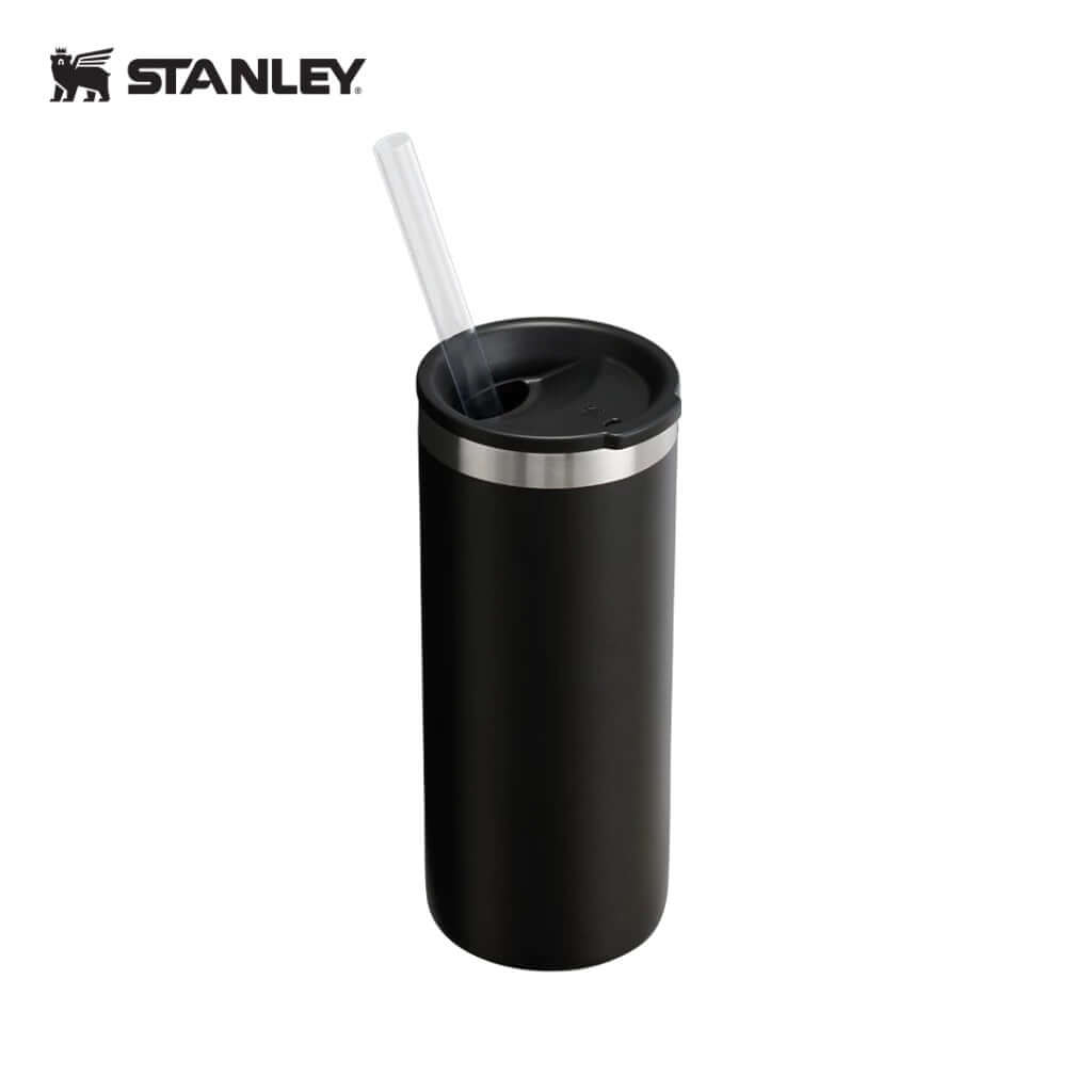 STANLEY Everyday Tall Can Cooler 15OZ in black with a straw for easy sipping and double-wall insulation.