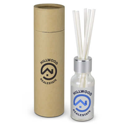 Scented Diffuser 20ml in elegant glass bottle and natural kraft paper tube, ideal corporate gift.