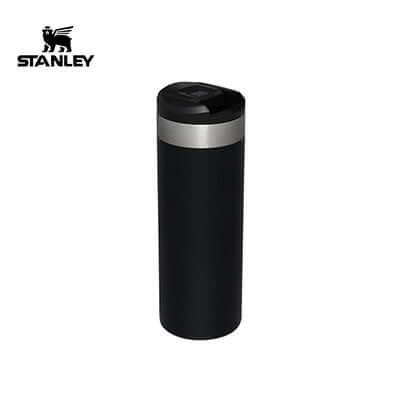 Stanley 470ml AeroLight Tumbler in black with screw-top lid, perfect for hot and cold drinks.