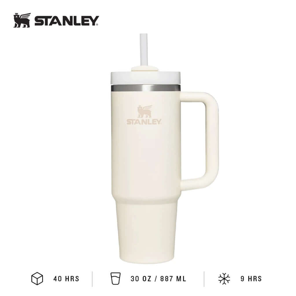 Stanley Quencher H2.O FlowState™ Tumbler Water Bottle 30oz in white, with straw and handle, ideal corporate gift.