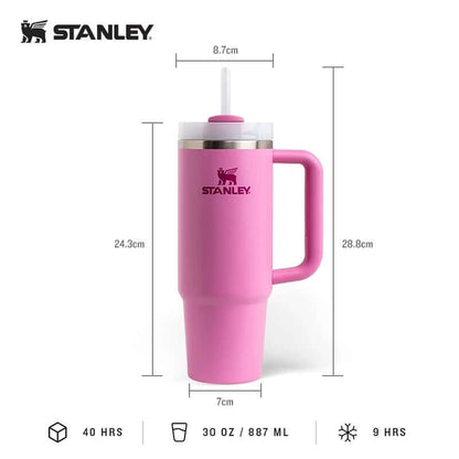 Stanley Quencher H2.O FlowState™ Tumbler Water Bottle 30oz in pink with straw and measurements