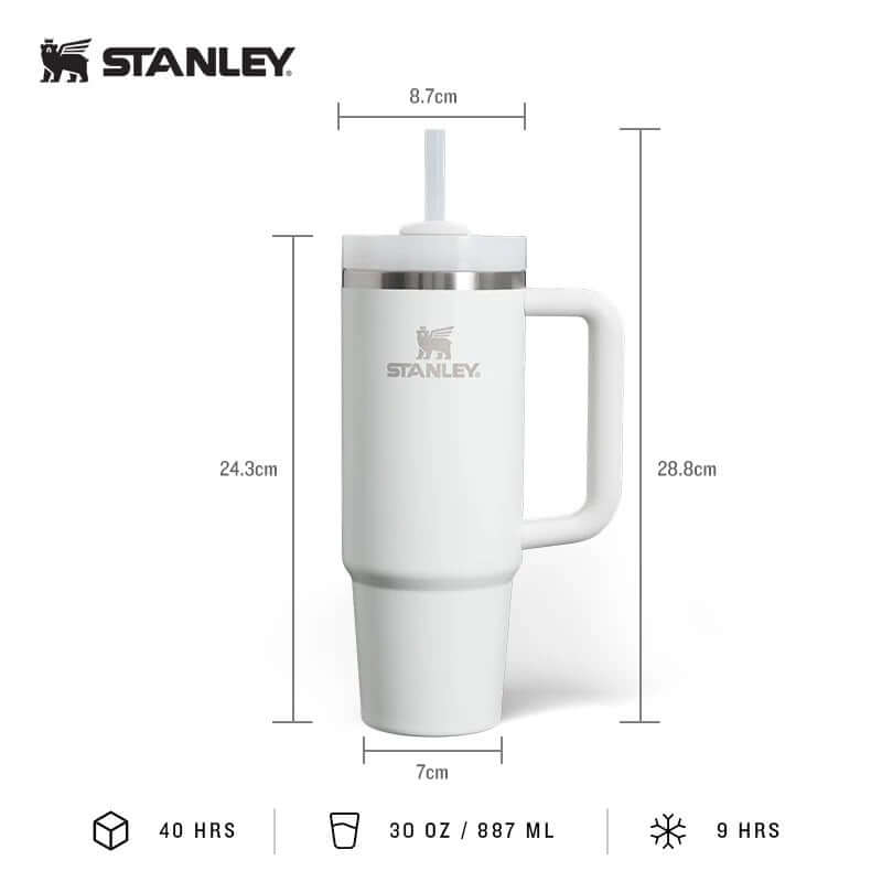 Stanley Quencher H2.O FlowState™ Tumbler Water Bottle 30oz with measurements and straw design.