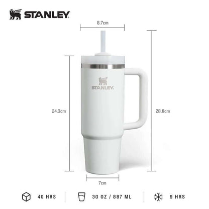 Stanley Quencher H2.O FlowState™ Tumbler Water Bottle 30oz with measurements and straw design.