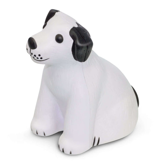 Stress Dog squeezable stress reliever in black and white, perfect as a corporate gift for tension relief.