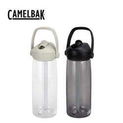 Camelbak Thrive Flip Straw Bottle 750ml in clear and black colors with a flip straw for convenient hydration.