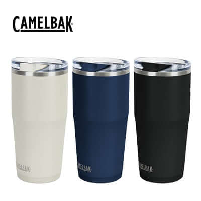 Camelbak Thrive Vacuum Tumbler 600ml in white, navy, and black colors, perfect for hydration on the go.