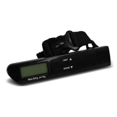 Compact Travel Luggage Scale with blue backlit LCD, measuring up to 50kg, perfect for travel convenience.