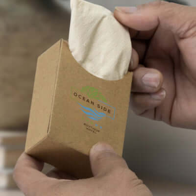 Person holding a kraft cardboard box of Travel Tissues, showcasing eco-friendly design and practicality.