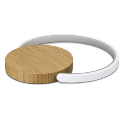 Twilight Wireless Charging Night Light with bamboo base and modern design for elegant bedside use.