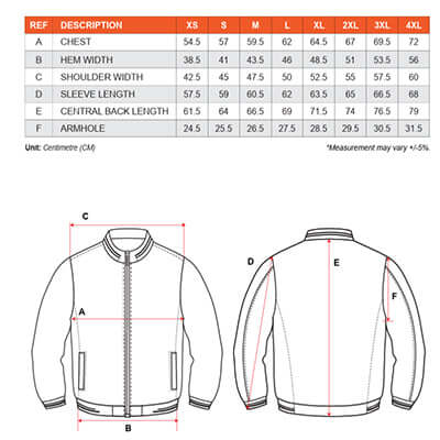 Sizing chart for the UNO Boss Jacket with measurements for various sizes including XS to 4XL.