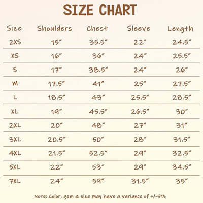 Size chart for Unisex Hoodie With Zip, detailing measurements for sizes 2XS to 7XL.