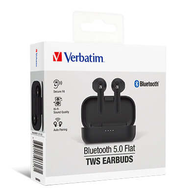 Verbatim 66620 Bluetooth 5.0 Flat TWS Earbuds packaging with secure fit and Hi-Fi sound quality features.