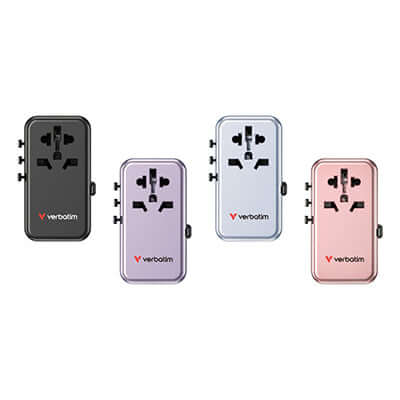 Verbatim Charge ‘n’ Travel Adapter 5 Port 85W Retractable Cable (CNT-02) in four colors.