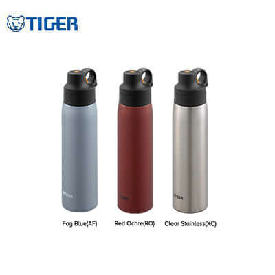 Tiger Vacuum Insulated Bottle MCS-A050 in Fog Blue, Red Ochre, and Clear Stainless colors.