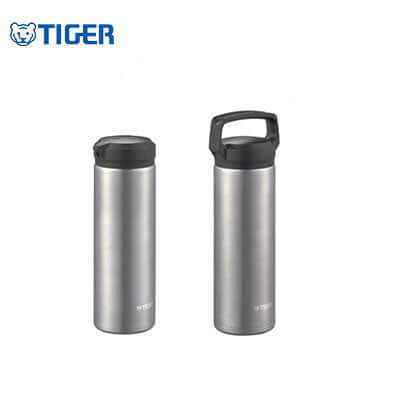 Tiger Vacuum Insulated Bottle MEA-A/B 0.48L with two lid options for hot and cold beverages.