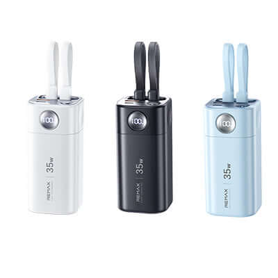 Remax FP-35 Powerbank with Dual Cables 20000mAh in white, black, and blue colors.