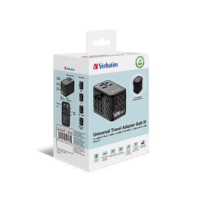 Verbatim 32125 GaN III Universal Travel Adapter 140W packaging showing features and design.