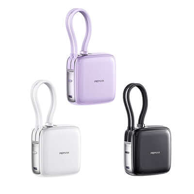 Remax FP-60 10000mAh Powerbank with Cables in three colors: white, purple, and black.