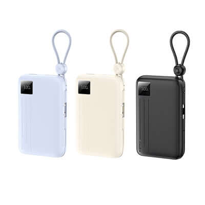 Remax FC-15 Dual Cable Powerbank 20000mAh in three colors with LED display and loop for convenience.