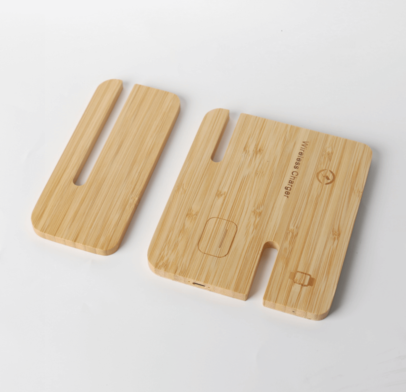 15W 3in 1 Bamboo Wireless Charger components showcasing bamboo design and functionality.
