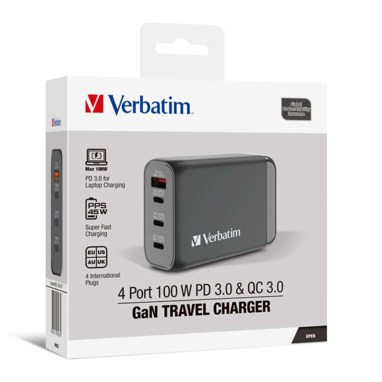 Verbatim 4 Port 100W PD 3.0 & QC 3.0 GaN Travel Charger packaging with international plugs for travel.